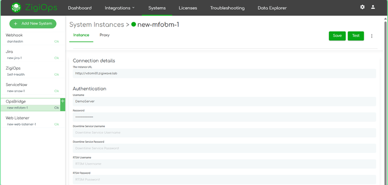 Connecting ZigiOps to OpsBridge instance dashboard