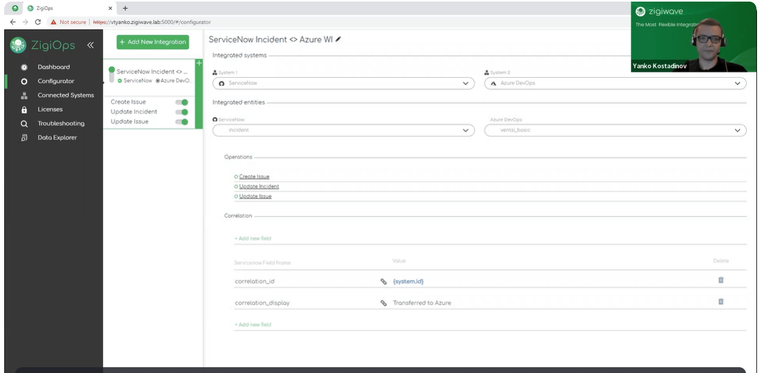 – ZigiOps ServiceNow Azure DevOps integration: ZigiOps Configurator meu with systems