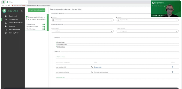 – ZigiOps ServiceNow Azure DevOps integration: ZigiOps Configurator meu with systems