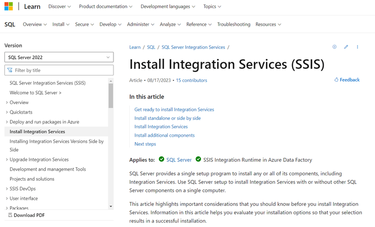 Microsoft SQL Server Integration Services (SSIS) front page screenshot