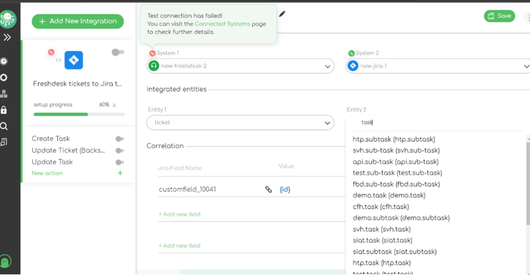 Screenshot of ZigiOps Freshdesk to Jira integration template with initial info on entities and their values displayed in a drop-down menu