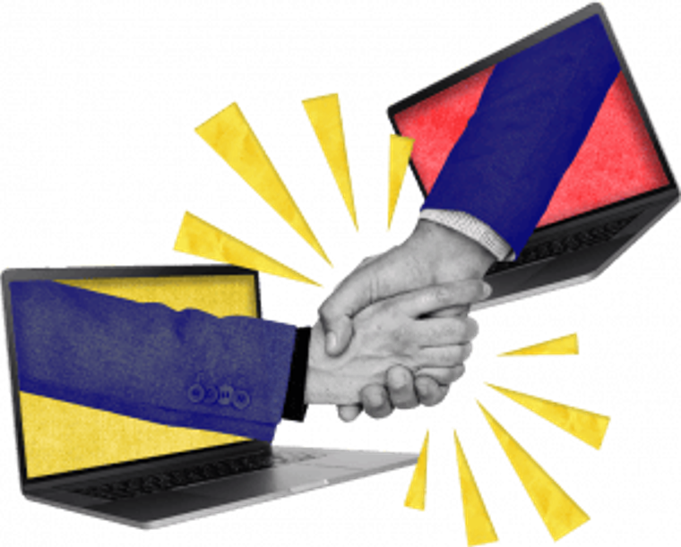 two hands coming out of a laptops' screens in a strong handshake