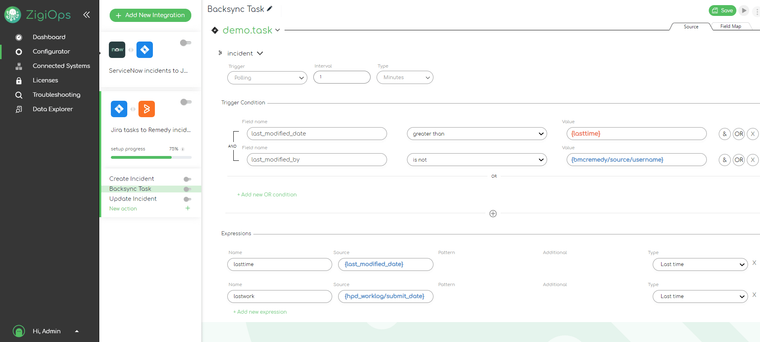 ZigiOps-UI:-ServiceNow-task-to-Remedy-incident-template-with-backsync-task-featuring-the-incident-trigger-conditions-and-values,-and-expressions