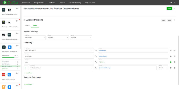 : Jira Product Discovery to ServiceNow integration Update Incident field map fields