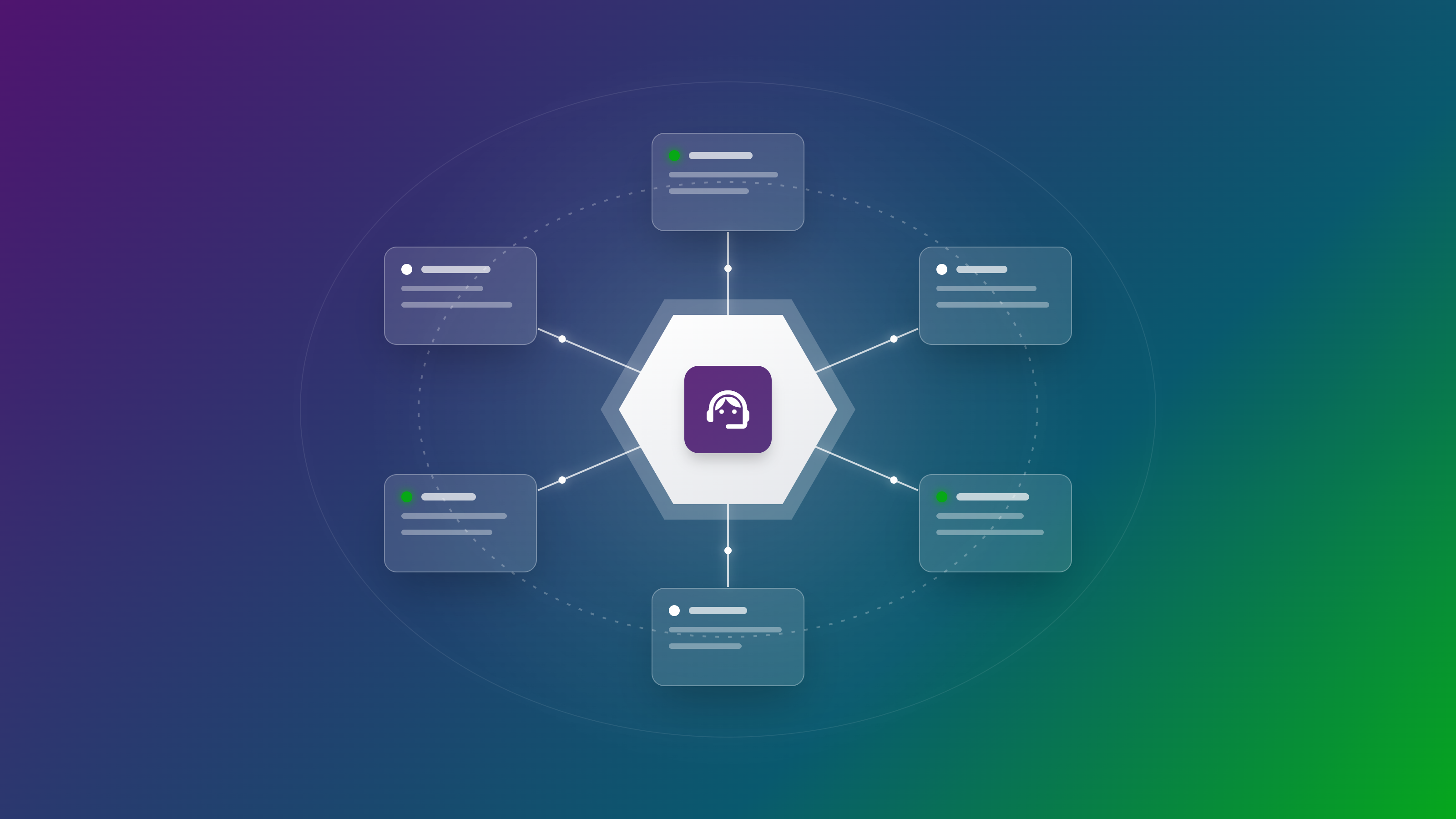 Abstract service desk hub with ticket cards orbiting and connected by sync lines