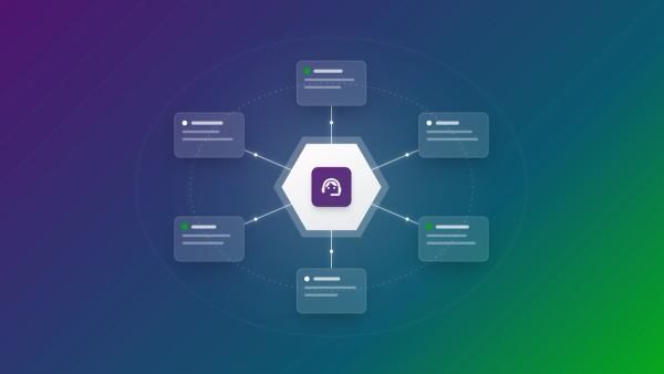 Abstract service desk hub with ticket cards orbiting and connected by sync lines