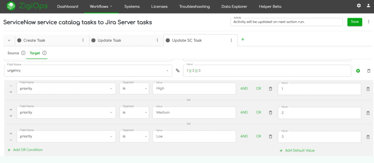 ZigiOps no-code field mapping interface showing conditional expressions for Jira ServiceNow integration