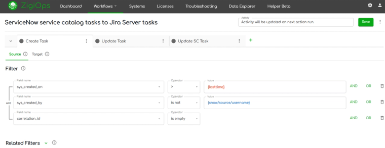 ZigiOps no-code integration interface showing ServiceNow connector configuration without scripting