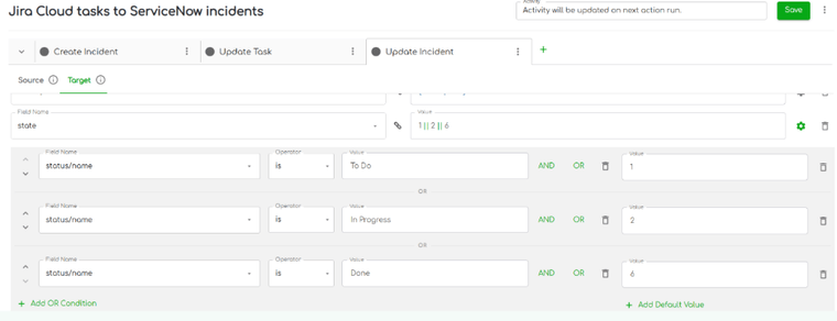 ZigiOps field mapping UI showing conditional status mapping between ServiceNow state codes and Jira status labels