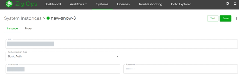 ZigiOps System Instances page for adding a ServiceNow system, showing the instance URL, authentication type and username and password fields, with the URL and username redacted