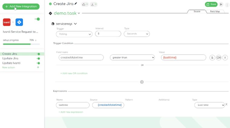The Ivanti to Jira integration template in ZigiOps: trigger conditions fields data