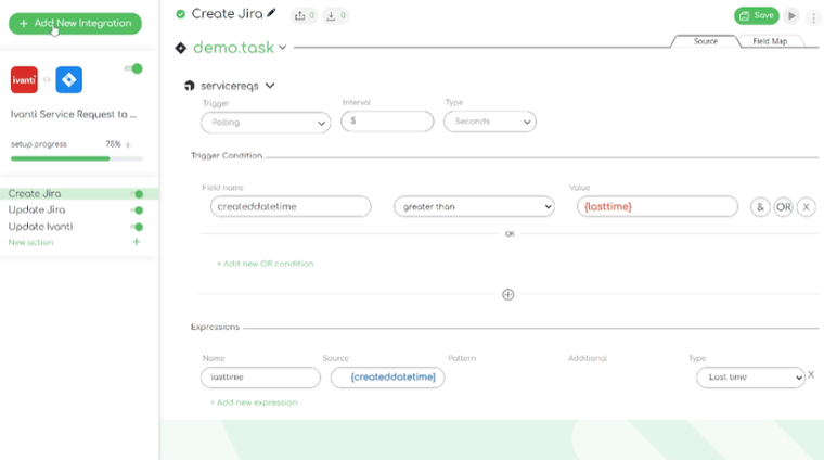 The Ivanti to Jira integration template in ZigiOps: trigger conditions fields data