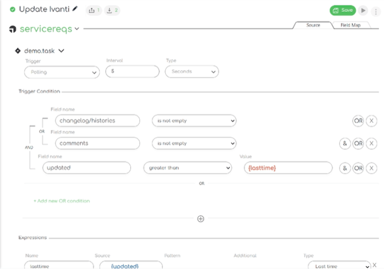 Close up screenshot of the Ivanti to Jira integration template: updating ivanti –trigger and trigger conditions field names