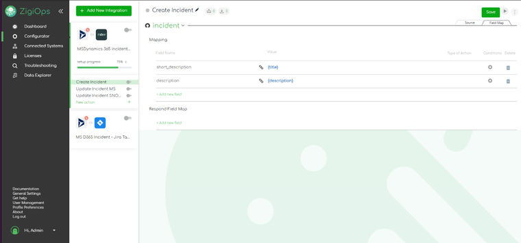 ZigiOps no-code platform- integrate Dynamics 365 to ServiceNow template