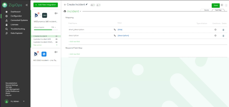 ZigiOps no-code platform- integrate Dynamics 365 to ServiceNow template