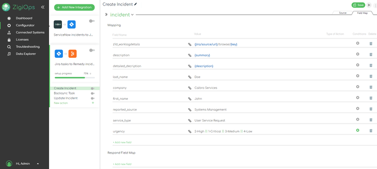 ZigiOps-UI:-Jira-task-to-Remedy-incident-template-with-incident-creation-featuring-the-field-mapping-options-and-values