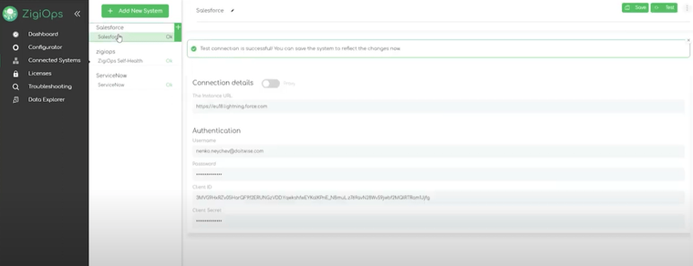 Image of zigiops salesforce connection panel with some fields