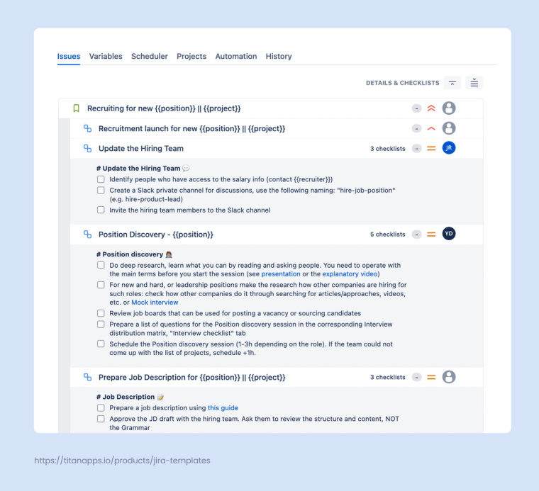 Smart Templates for Jira showing a recruitment template that generates a parent work item and child work items with variables and checklists