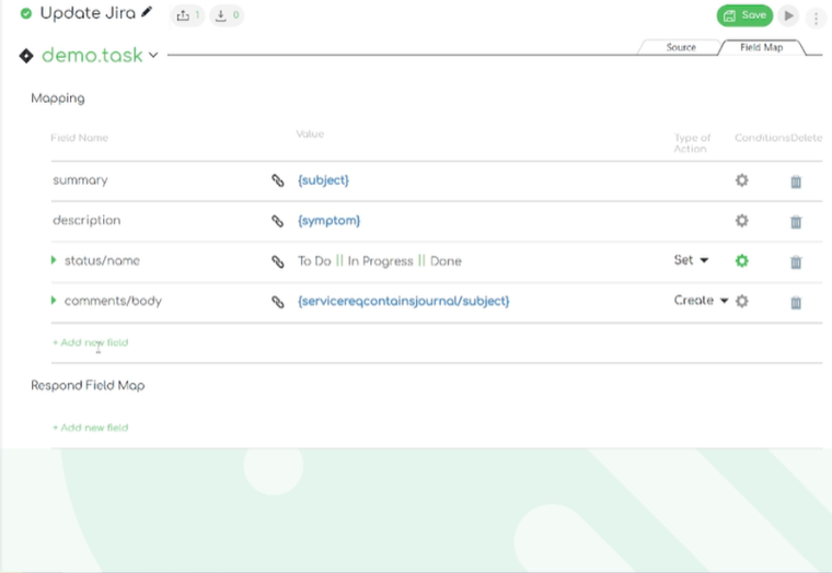 Close up screenshot of the Ivanti to Jira integration template: updating jira –mapping fields