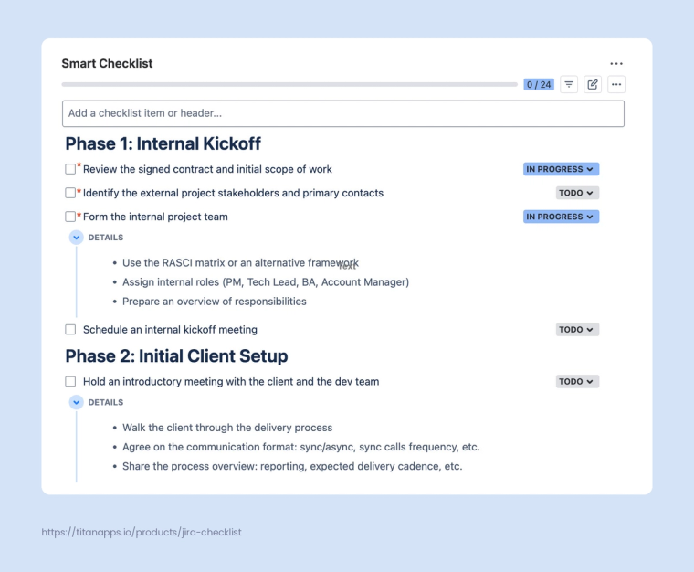 Smart Checklist for Jira showing a client onboarding checklist with phase headers, mandatory items, per-item statuses, and expandable details