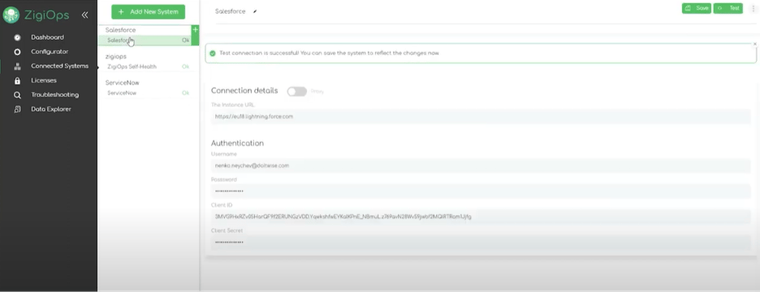 image of zigiops salesforce connection panel with some fields