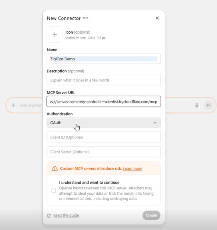 Adding ZigiOps MCP as a Model Context Protocol provider in ChatGPT to enable secure access to enterprise systems
