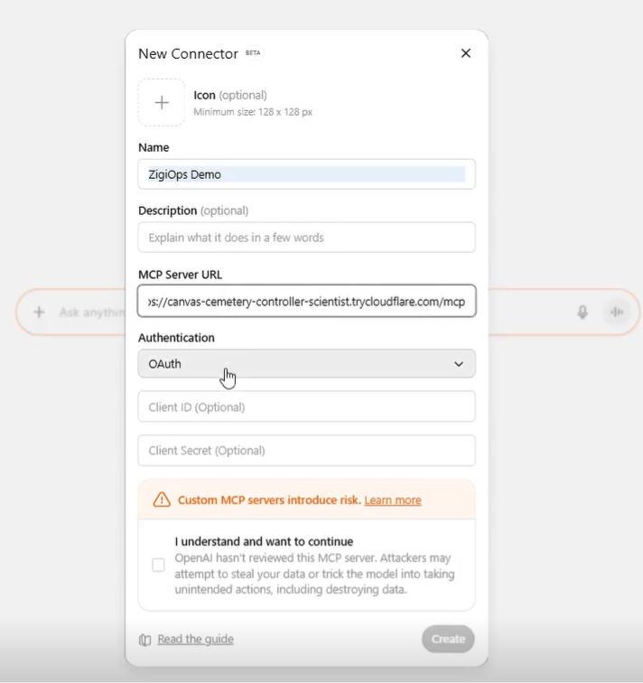 Adding ZigiOps MCP as a Model Context Protocol provider in ChatGPT to enable secure access to enterprise systems