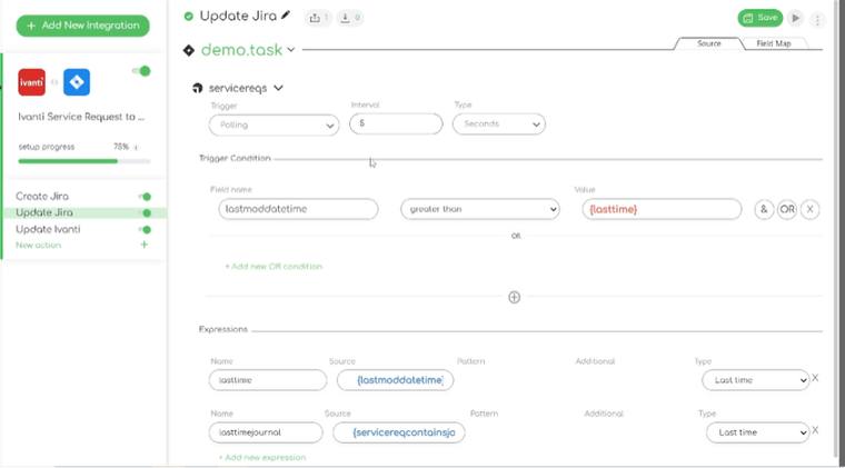 Close up screenshot of the Ivanti to Jira integration template: updating jira – expressions and trigger conditions fields