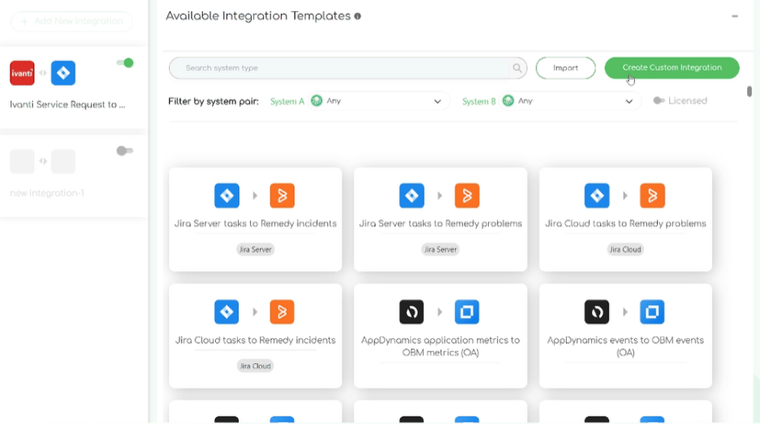 Screenshot of ZigiOps pre-built gallery of system integration templates