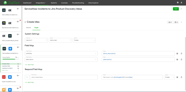 Jira Product Discovery integration to ServiceNow integration template respond field map - idea creation