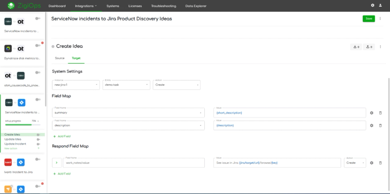 Jira Product Discovery integration to ServiceNow integration template respond field map - idea creation