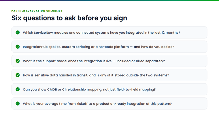 Checklist of questions to ask a ServiceNow integration partner before signing.