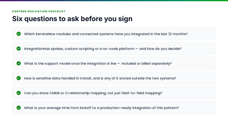 Checklist of questions to ask a ServiceNow integration partner before signing.
