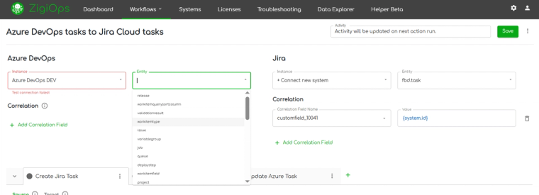 The ZigiOps UI showing Jira and Azure DevOps integration configuration