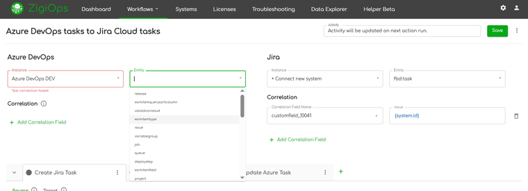 The ZigiOps UI showing Jira and Azure DevOps integration configuration