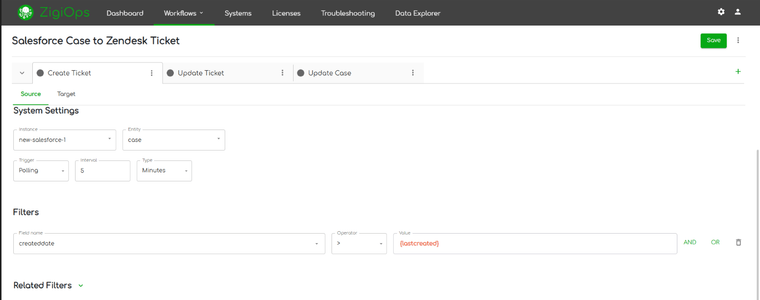 zigiops screenshot of creating ticket action - source field