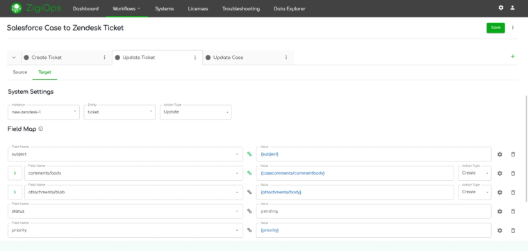 screenshot of zigiops - update zendesk ticket (target tab)