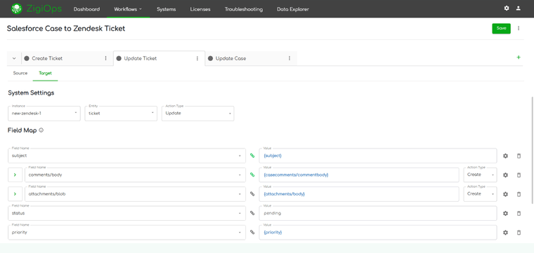 screenshot of zigiops - update zendesk ticket (target tab)
