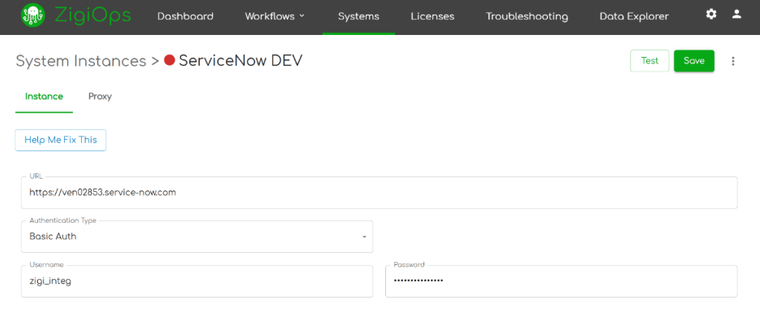 ZigiOps authentication settings panel displaying secure API connection setup.
