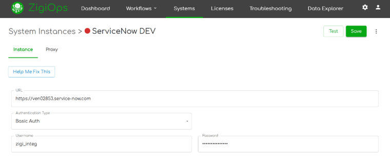 ZigiOps authentication settings panel displaying secure API connection setup.