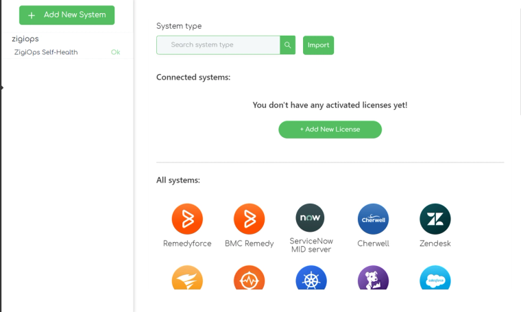 ZigiOps Dynatrace ServiceNow integration: ZigiOps systems list