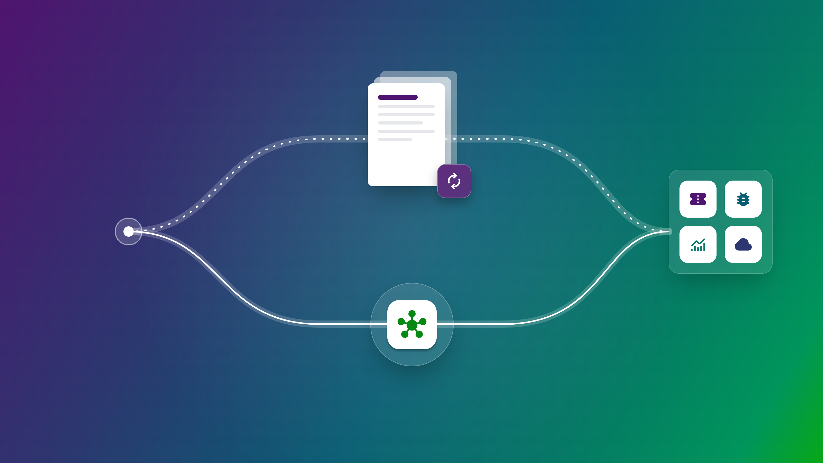 Two integration paths, a service contract and a no-code platform, converging on a hub of connected IT tools