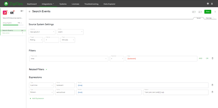 ZigiOps Splunk OpsBridge integration source tab details