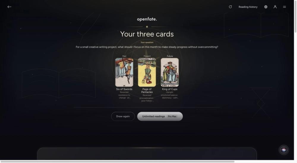 OpenFate three-card Tarot draw with Six of Swords, Page of Pentacles and King of Cups OpenFate three-card Tarot draw with Six of Swords, Page of Pentacles and King of Cups