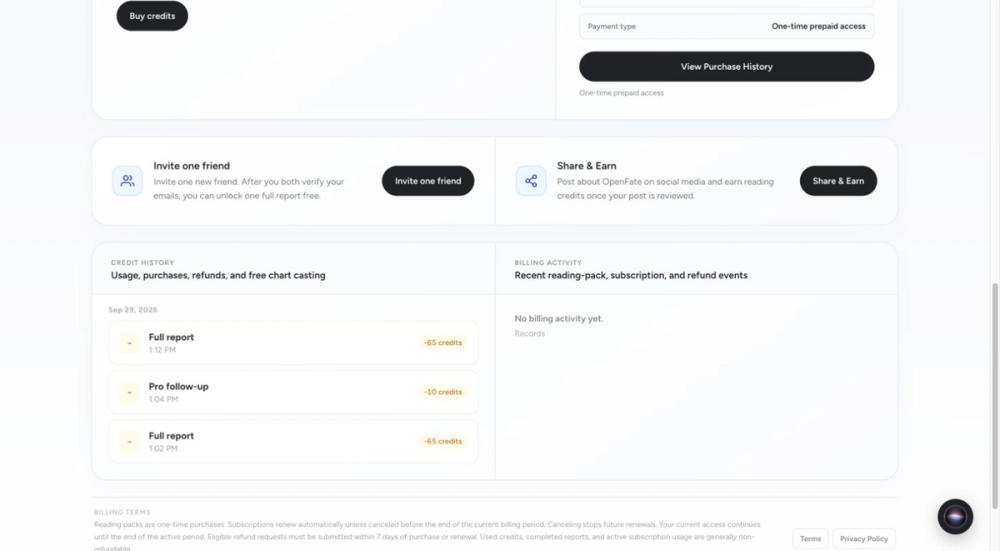 OpenFate credit history showing two 65-credit reports and one 10-credit follow-up OpenFate credit history showing two 65-credit reports and one 10-credit follow-up