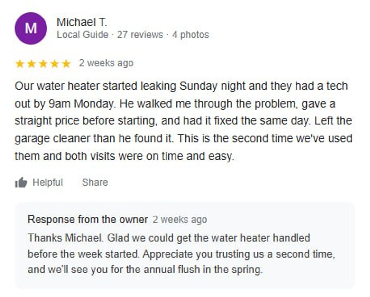 Example Google review showing a specific water heater service story and owner response.
