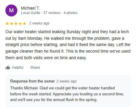 Example Google review showing a specific water heater service story and owner response.