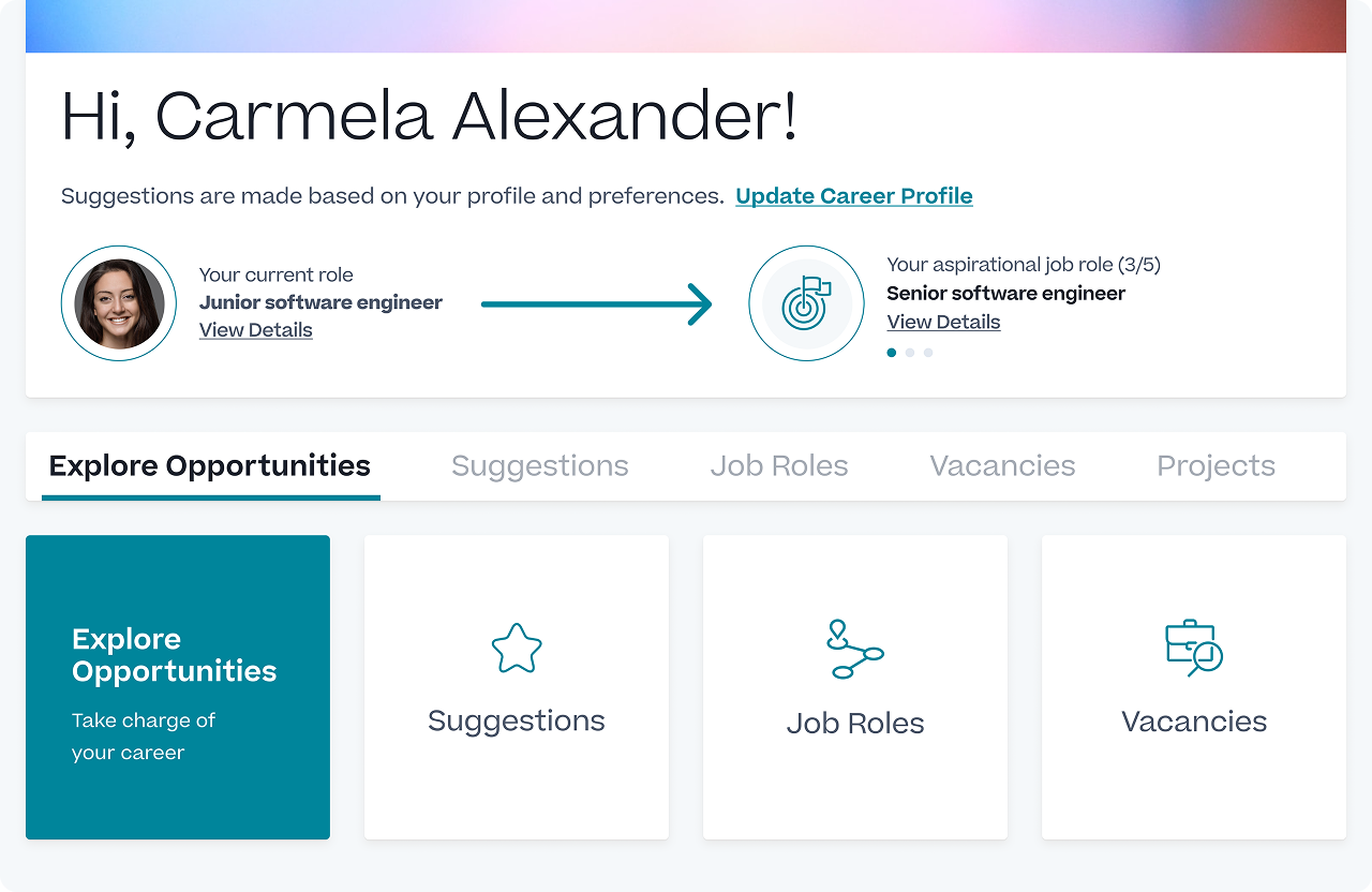 SumTotal talent dashboard showing career-path suggestions with Job Roles, Vacancies, and Projects tabs