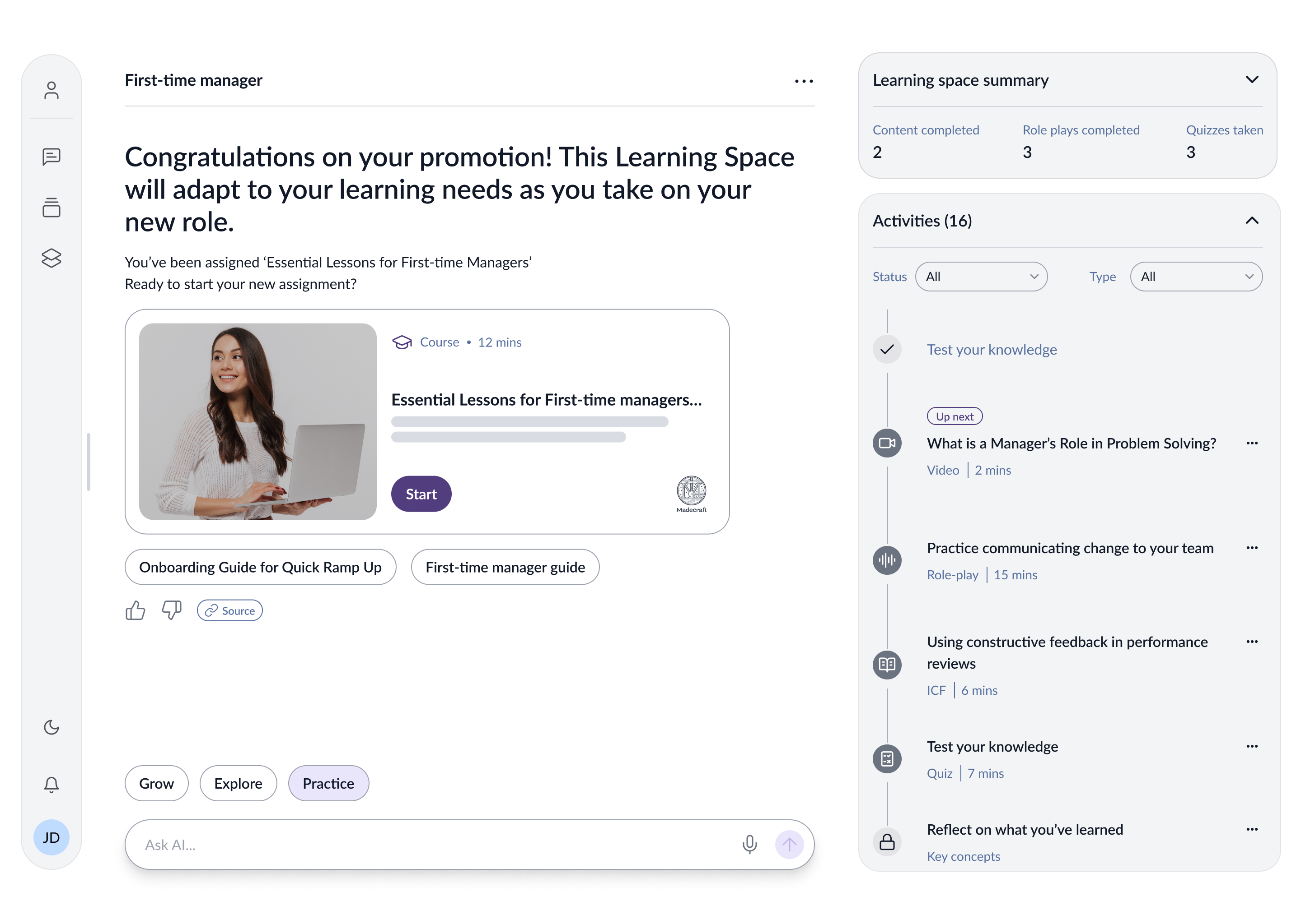 Interfaccia utente di una piattaforma di formazione per manager alla prima esperienza, che visualizza un messaggio di benvenuto, un corso in evidenza e un elenco di attività di formazione.