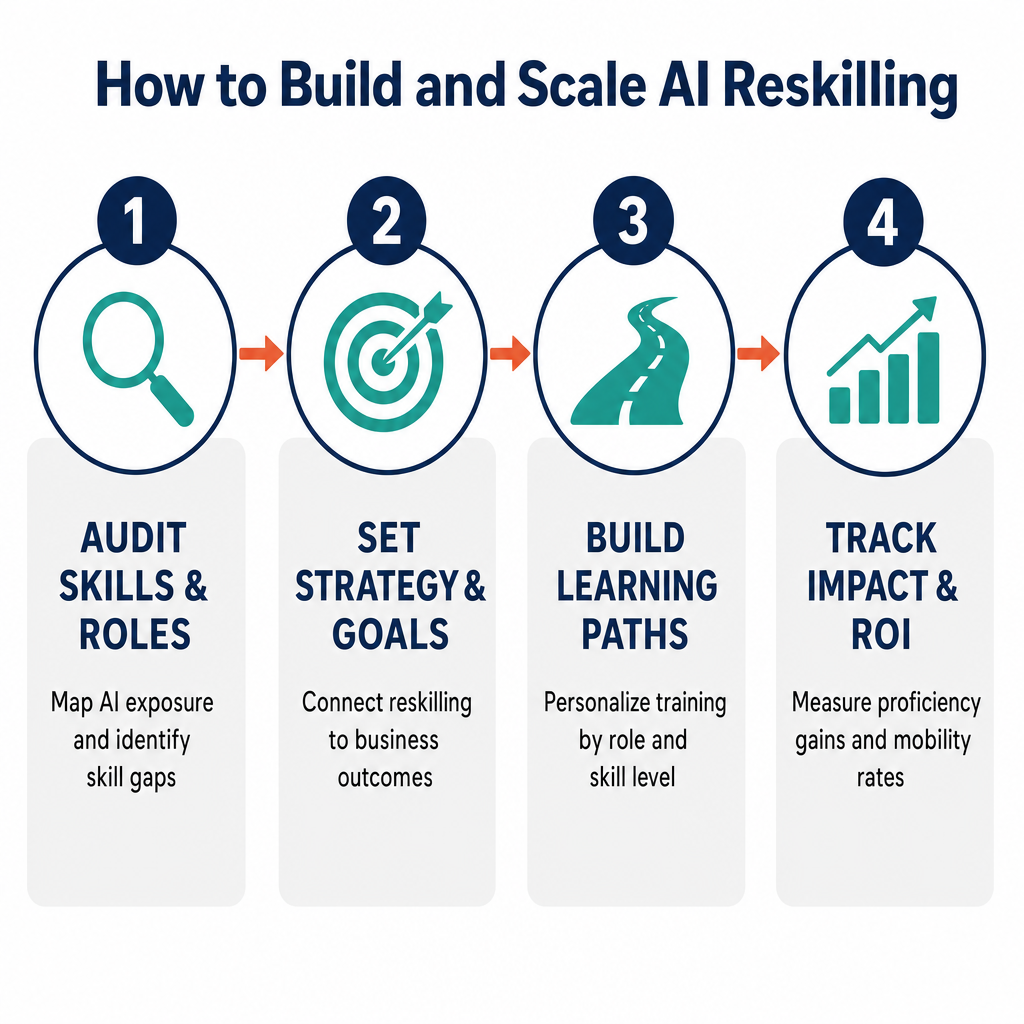 Infographic titled "How to Build and Scale AI Reskilling" with 4 steps: 1. Audit Skills & Roles, 2. Set Strategy & Goals, 3. Build Learning Paths, 4. Track Impact & ROI.